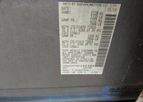 2019 Nissan Murano Sl from USA, damaged, VIN 5N1AZ2MJ2KN144384